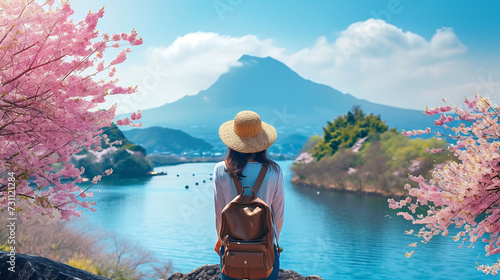 Asian woman traveler with backpack enjoys breathtaking views of mountains, sea, sakura blossom,and lakeside landscape in spring season.Relax and Wellness Holidays Concept.