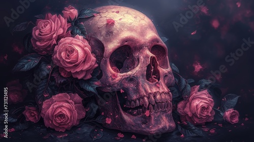 a painting of a skull with pink roses on it's head and a star in the middle of the skull. © Nadia