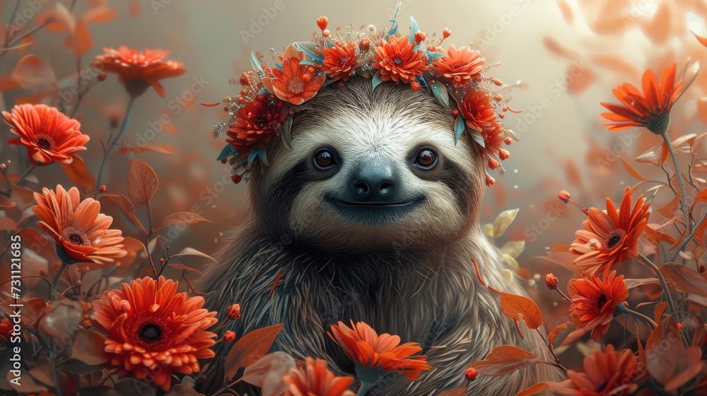 a sloth with a wreath of flowers on its head in the middle of a field of red and orange flowers. a sloth with a wreath of flowers on its head in the middle of a field of red and orange flowers.