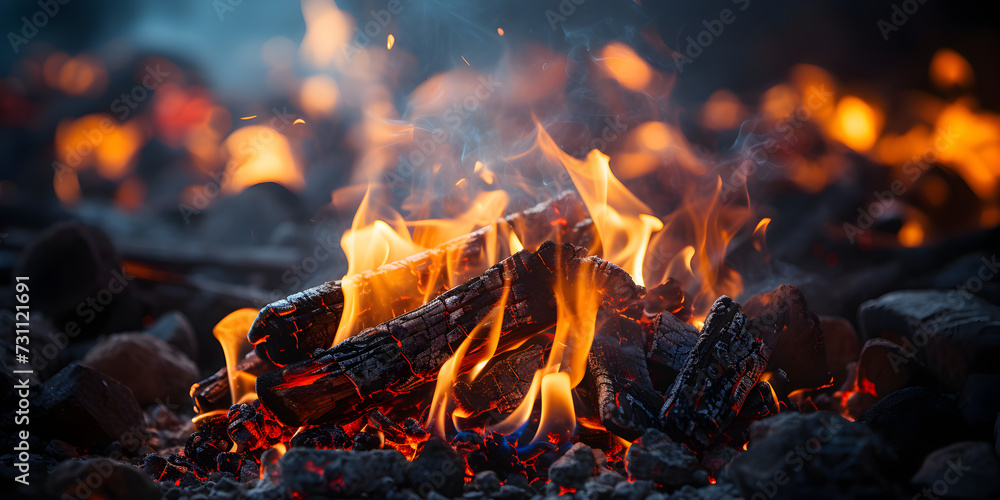 Close up of fire burning on firewood in dark Close up of fire burning on firewood in dark