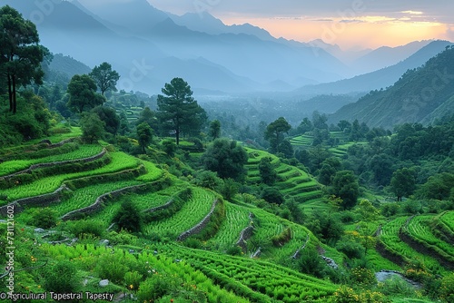 Agricultural Tapestry A scenic view of terraced fields in the hilly regions of Rural India, showcasing agricultural diversity