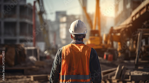 Builder worker in uniform on construction site background.