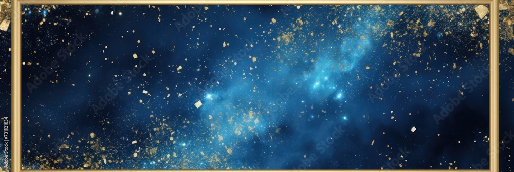 azure blue golden blank frame background with confetti glitter and ...