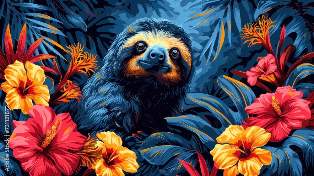 a painting of a sloth in the jungle surrounded by tropical plants and flowers with red, yellow, and blue colors.