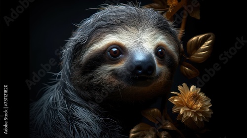 a close up of a sloth with a flower in it's mouth and a black background behind it. © Nadia
