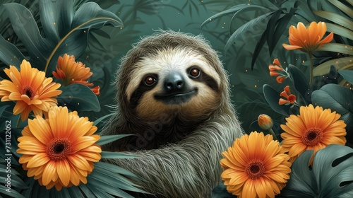 a painting of a sloth in the middle of a jungle with flowers on the side of the picture and a third sloth on the other side of the picture.