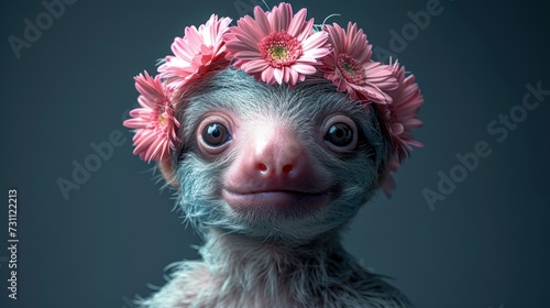 a baby sloth with pink flowers on its head is looking at the camera with a surprised look on its face.