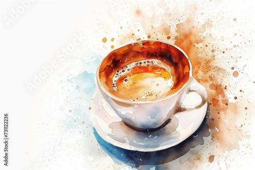 Watercolor cup of delicious black coffee on white background
