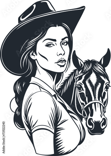Woman with cowboy hat portrait and horse, vector illustration