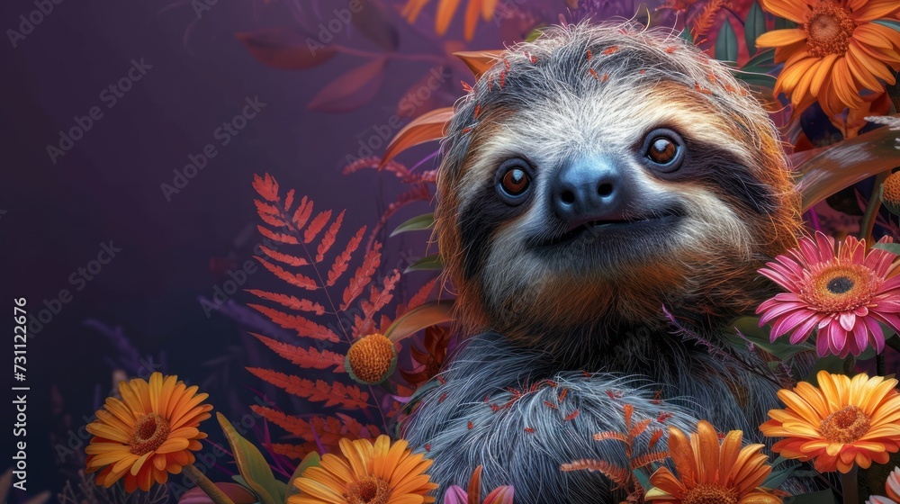 Fototapeta premium a painting of a sloth in a flowery field with orange and pink flowers in front of a purple background.