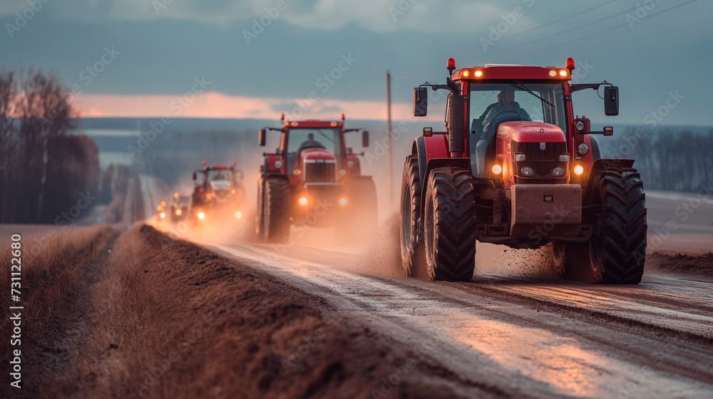 Tractores de los agricultores movilizandose por para protestar en una huelga Tractores de los agricultores movilizandose por para protestar en una huelga