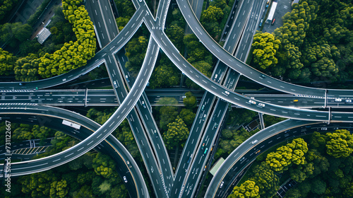 Top view of a freeway with many lines and lanes.