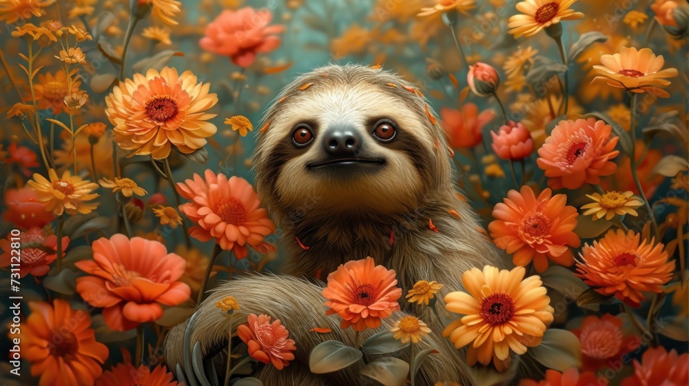a painting of a slotty in the middle of a field of flowers with orange and yellow flowers around it. a painting of a slotty in the middle of a field of flowers with orange and yellow flowers around it.
