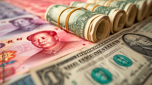 US dollar vs chinese yuan background. America, USA vs china economy, currency war, trade, business, import, export, diplomacy, relationship, crisis, politics, conflict concept design.