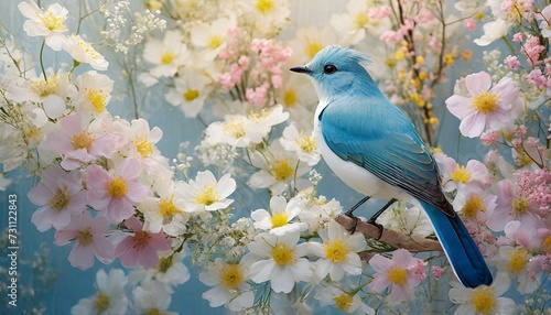 Cotinga bird on a branch with flowers photo