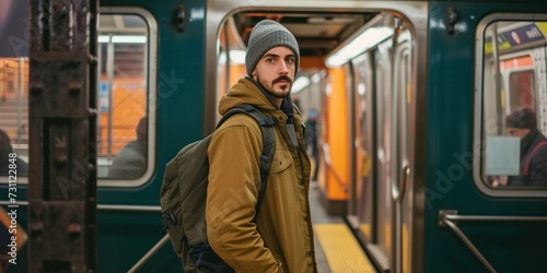 Young man with backpack behind stands in front of the open doors of the subway and waiting for next train, looking at the camera, concept of waiting, traveling, adventure, wandering.