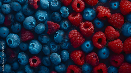 Red and blue berries. Half blueberry and half raspberry background. High-resolution
