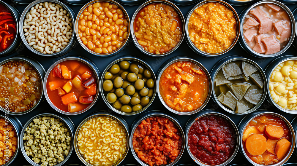 Top view of food packaged in cans.