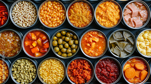 Top view of food packaged in cans.