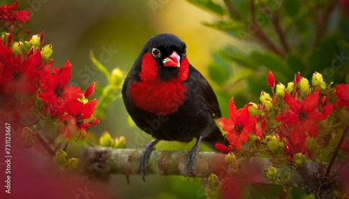 Red and black piranga bird on a branch with red flowers photo