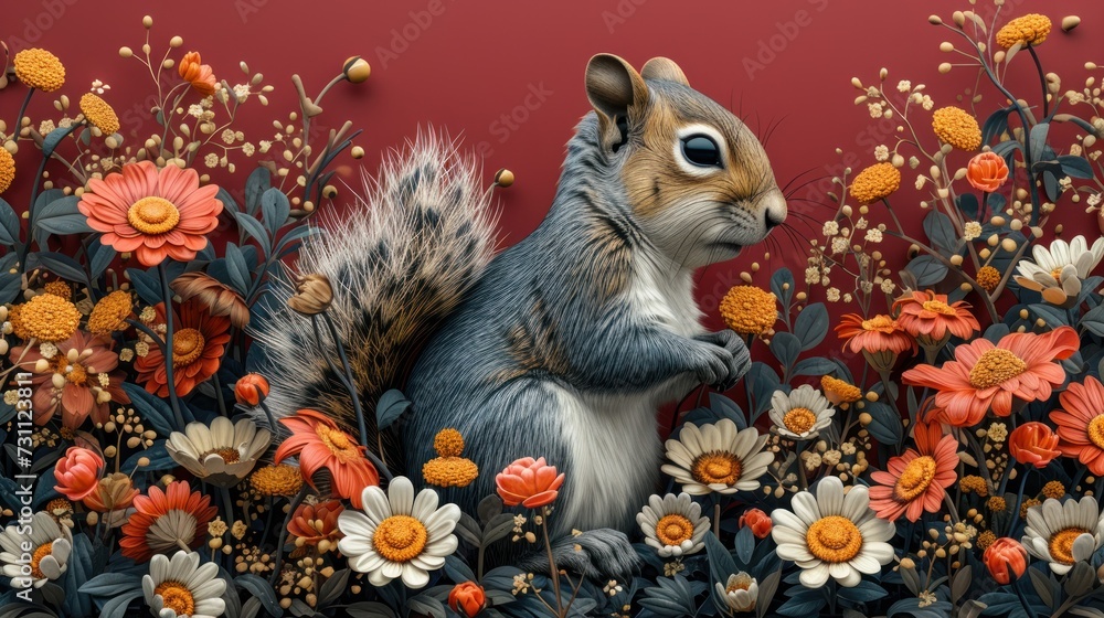 a painting of a squirrel in a field of flowers on a red background with a red wall in the background. a painting of a squirrel in a field of flowers on a red background with a red wall in the background.