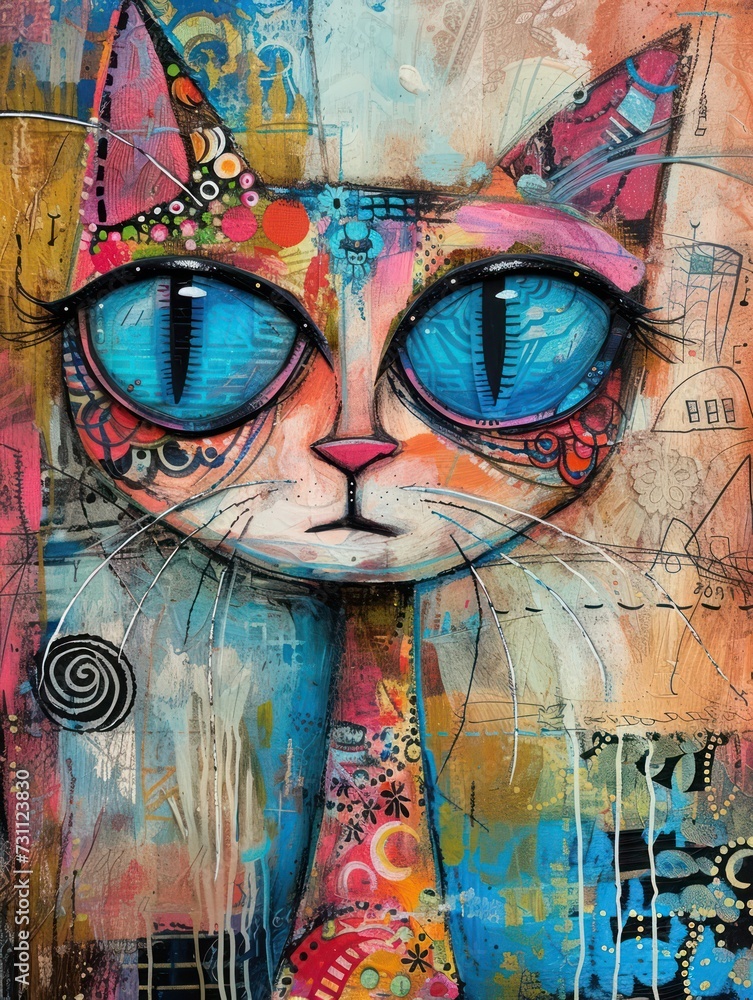 Whimsical folk art portrait of a stylish cat with large blue eyes, a big head, and a scrawny neck. for wall art, printing media