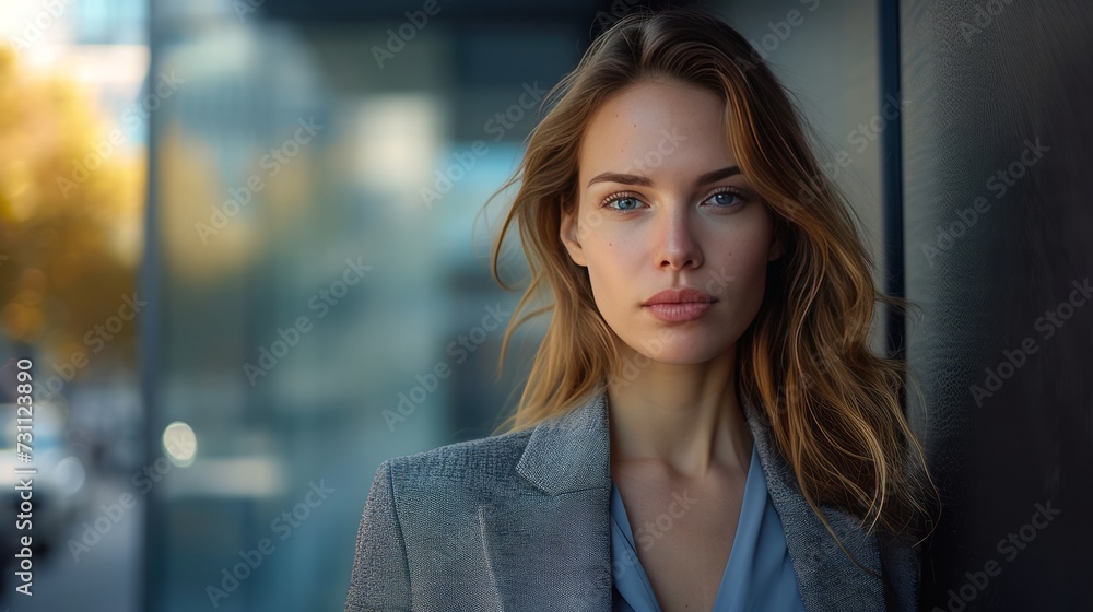 A businesswoman with long blonde hair is looking at the camera, and leaning against a wall with a blurred background. An independent working woman. Created with Generative AI. A businesswoman with long blonde hair is looking at the camera, and leaning against a wall with a blurred background. An independent working woman. Created with Generative AI.