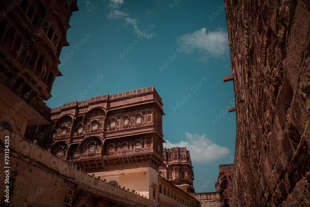 Fine Rajasthani Hindu Architecture buildings in Mehrangarh Fort, Rajasthan, Jaipur