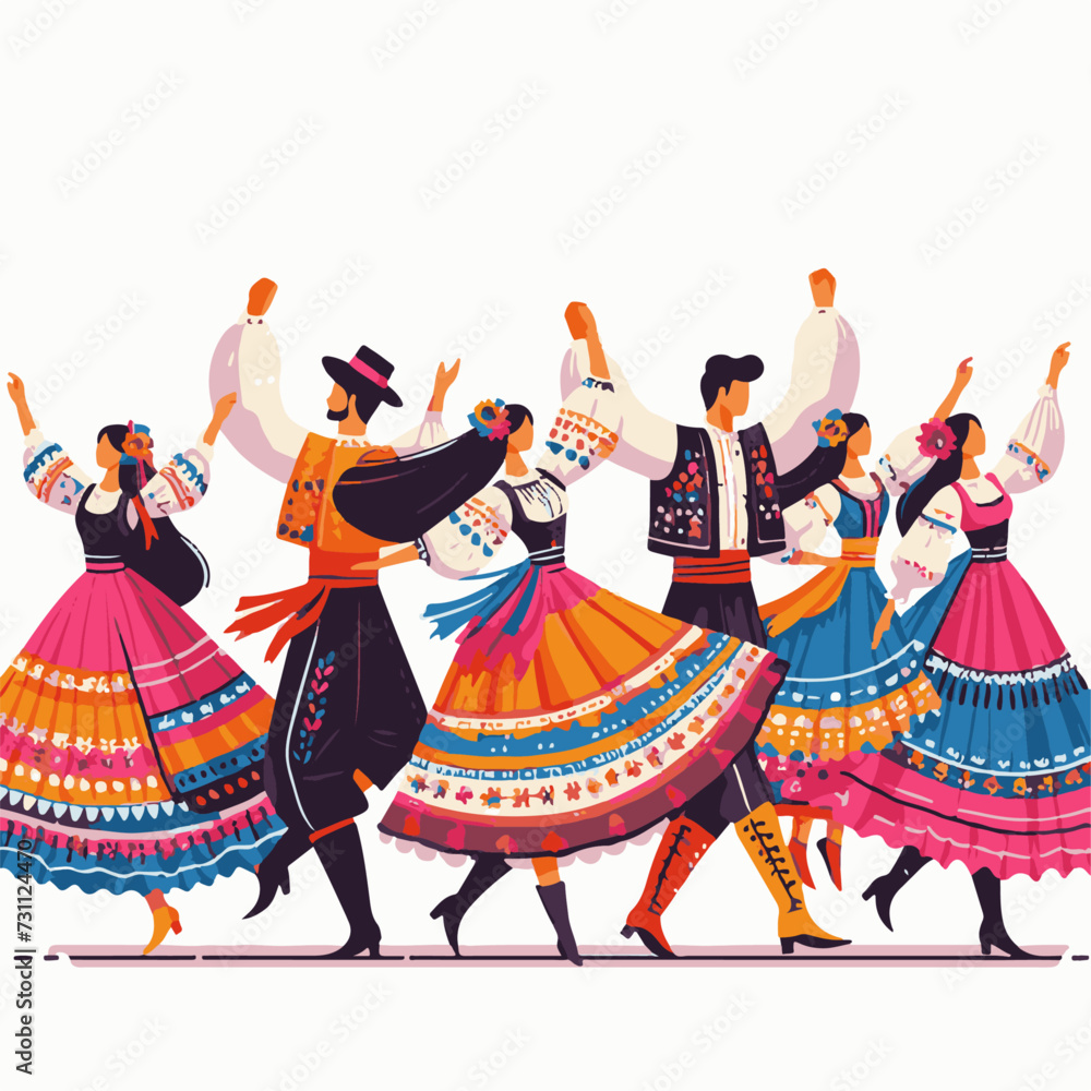 World Gypsy Day Ethnic folk dance. Group of people in national clothes dancing folk dance. Vector illustration.