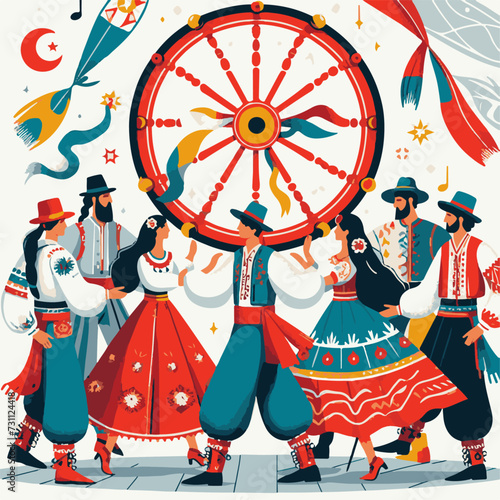World Gypsy Day. Carnival. Vector illustration of a group of people in national costumes with a wheel.