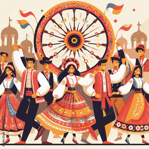 World Gypsy Day Vector illustration of Indian people in traditional costume dancing in indian carnival.