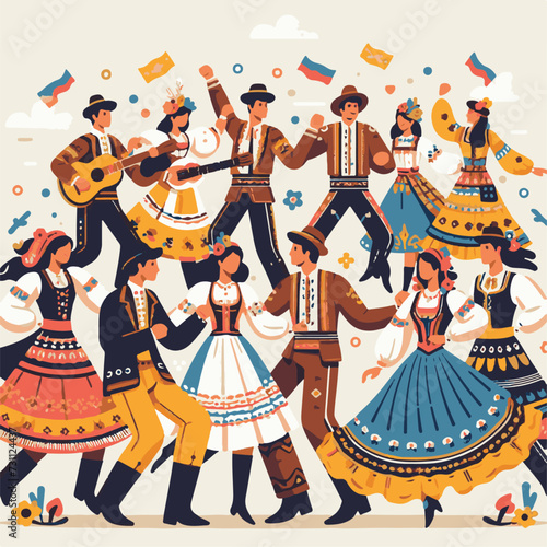 World Gypsy Day.  People dancing folk dance. Folklore party. Vector illustration in flat style