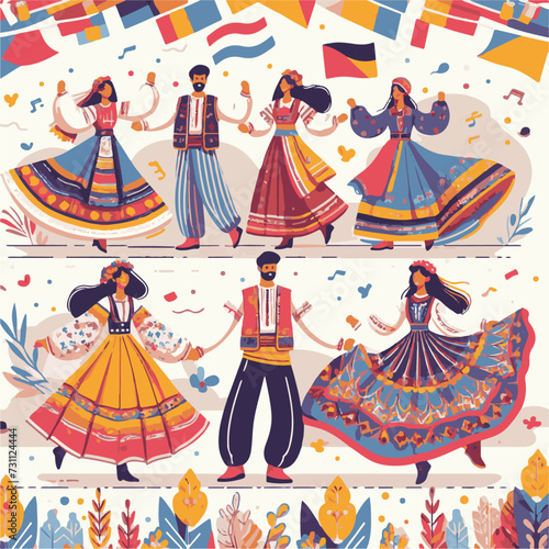 World Gypsy DayVector seamless pattern with folk dancers in national clothes. Folkloric folk art.