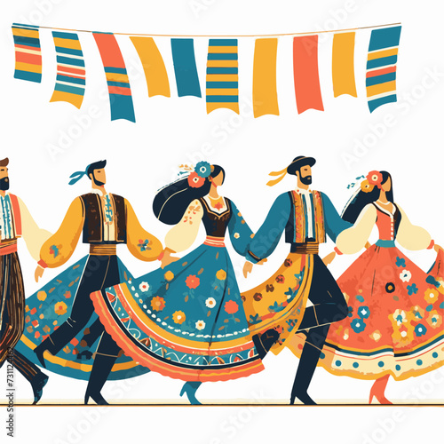 World Gypsy Day.  People in national clothes dancing folkloric dance. Vector illustration.