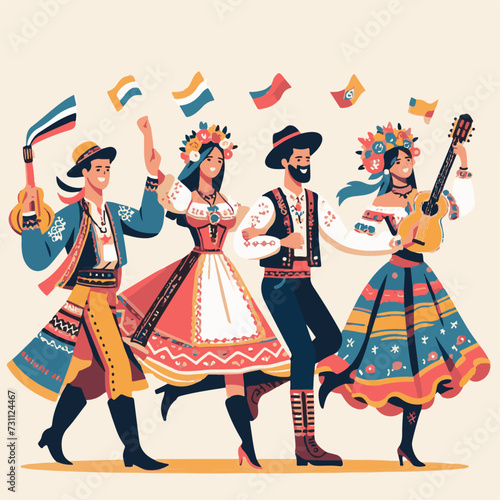 World Gypsy Day. Ukrainian people dancing folk dance. Vector illustration in cartoon style