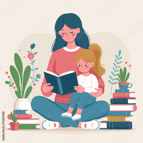 Children's Book Day. Mother and daughter reading a book together. Vector illustration in flat style