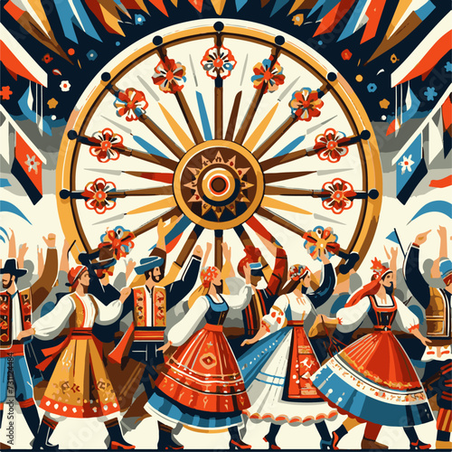 World Gypsy Day. Carnival. Vector illustration of a group of people in national costumes with a wheel.
