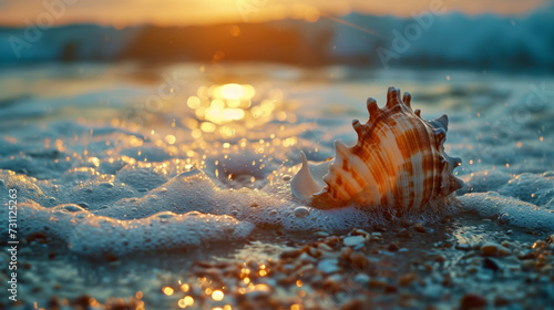 A beautiful, large seashell lies on the sandy beach