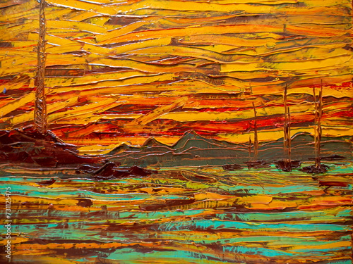Sunset in Brazil  Rio de Janeiro. Landscape Latin America  South America. Oil on canvas painting.
