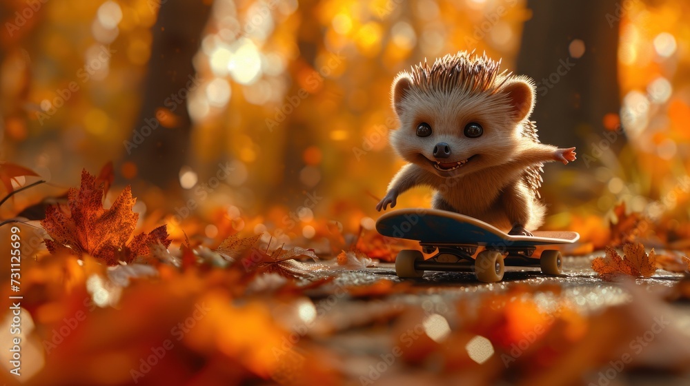a hedgehog is riding on a skateboard in a forest with autumn leaves on the ground and trees in the background.