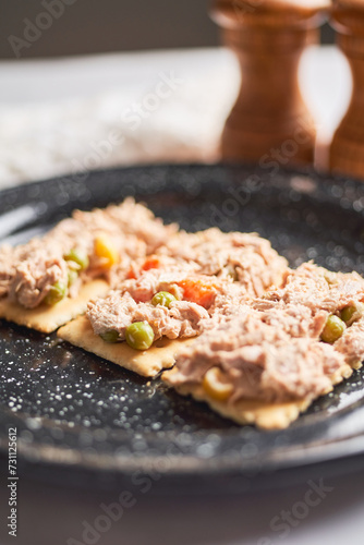 Classic tuna salad with soda crackers and mayonnaise
