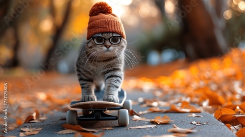 a cat wearing a hat and glasses riding a skateboard in a park with leaves on the ground and trees in the background.