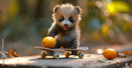 a small brown and white animal standing on top of a skateboard next to two oranges on the ground. photo
