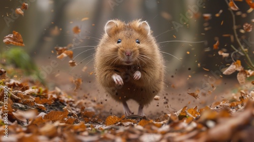 a small rodent running through a pile of leaves in the middle of a forest with lots of leaves on the ground.