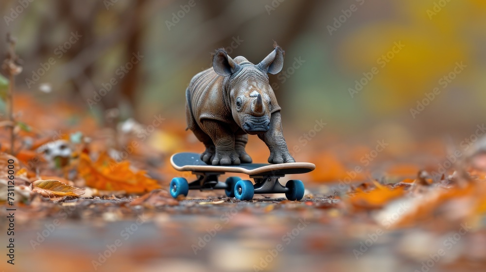 a toy rhino standing on top of a skateboard in the middle of a field of leaves and fallen leaves.