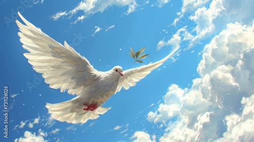 a white dove flying through the air with a green twig in it's beak on a sunny day.