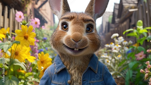 a close up of a rabbit in a field of flowers with a fence in the background and flowers in the foreground.