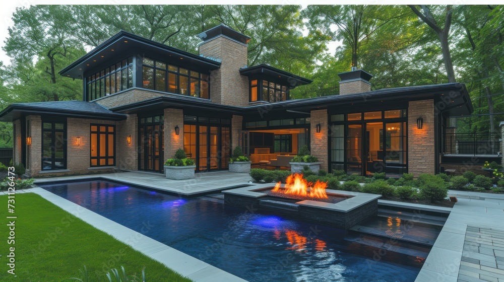 a modern house with a fire pit in the middle of the yard and a pool in the middle of the yard.