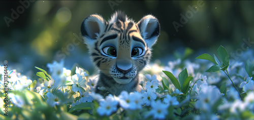 a close up of a small tiger cub in a field of flowers with a background of green and white flowers. photo