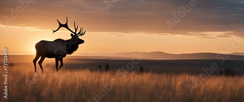 Silhouette of a large bull Elk stag walking on the prairie against the sky at sunrise Rocky Mountain